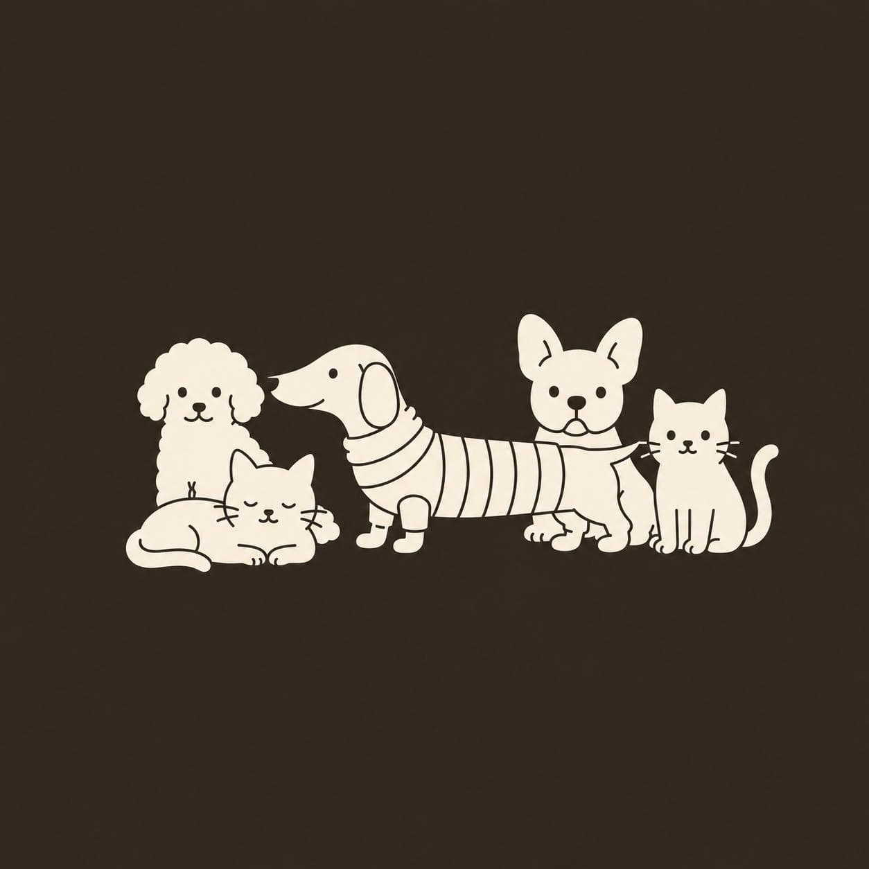 Ilustración oficial de Bobby's Pet Shop con perros y gatos