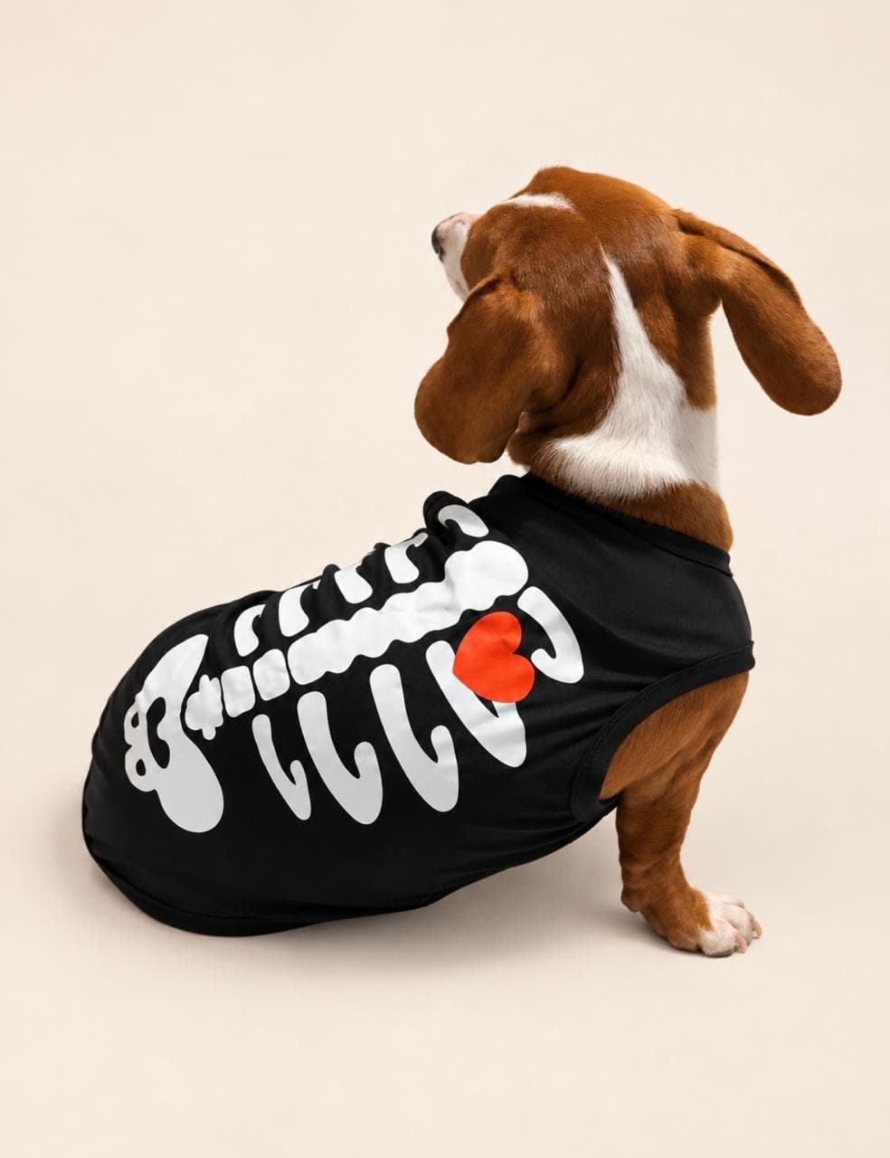 Perro con polera negra de esqueleto